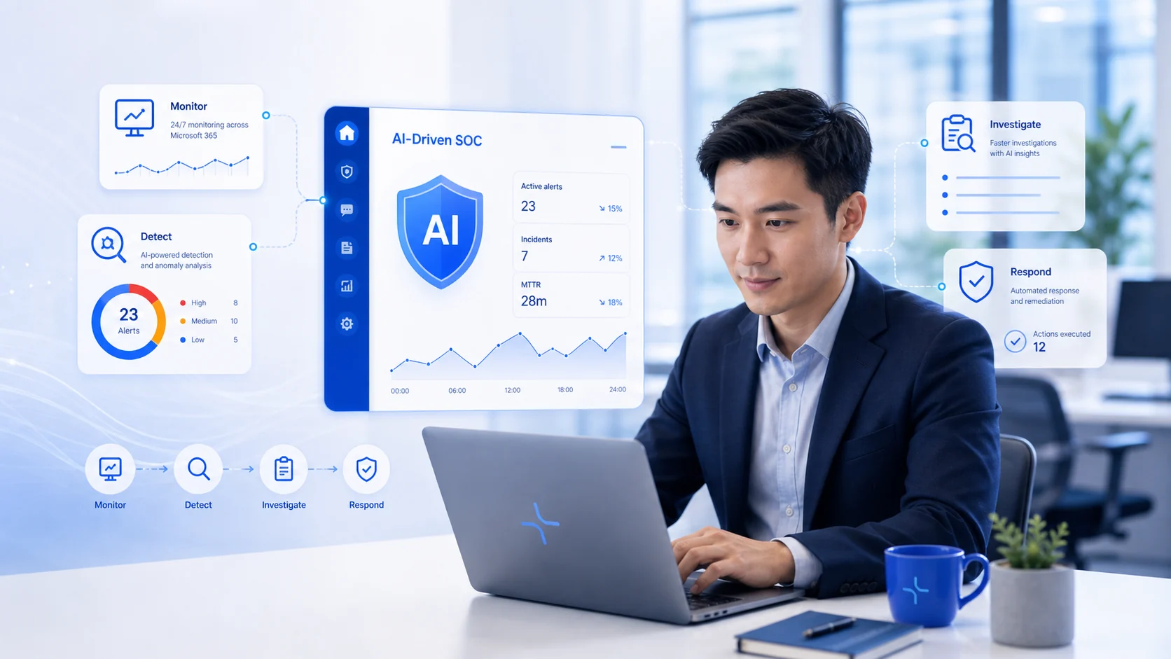 Security analyst working with an AI-driven security operations dashboard