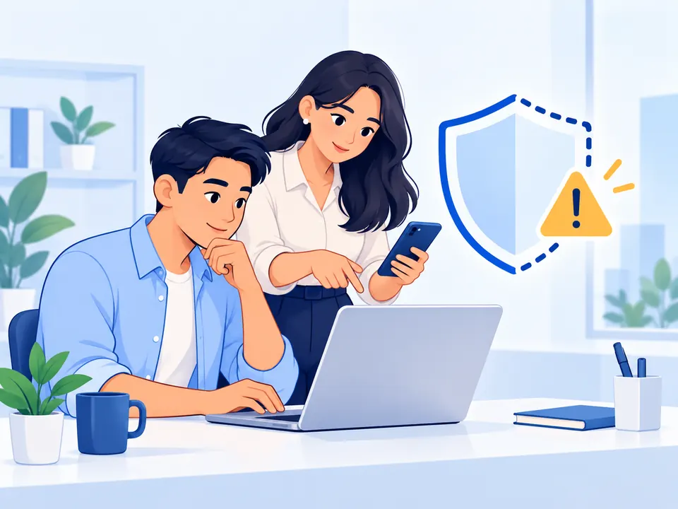 Staff review a protection warning while using work devices.